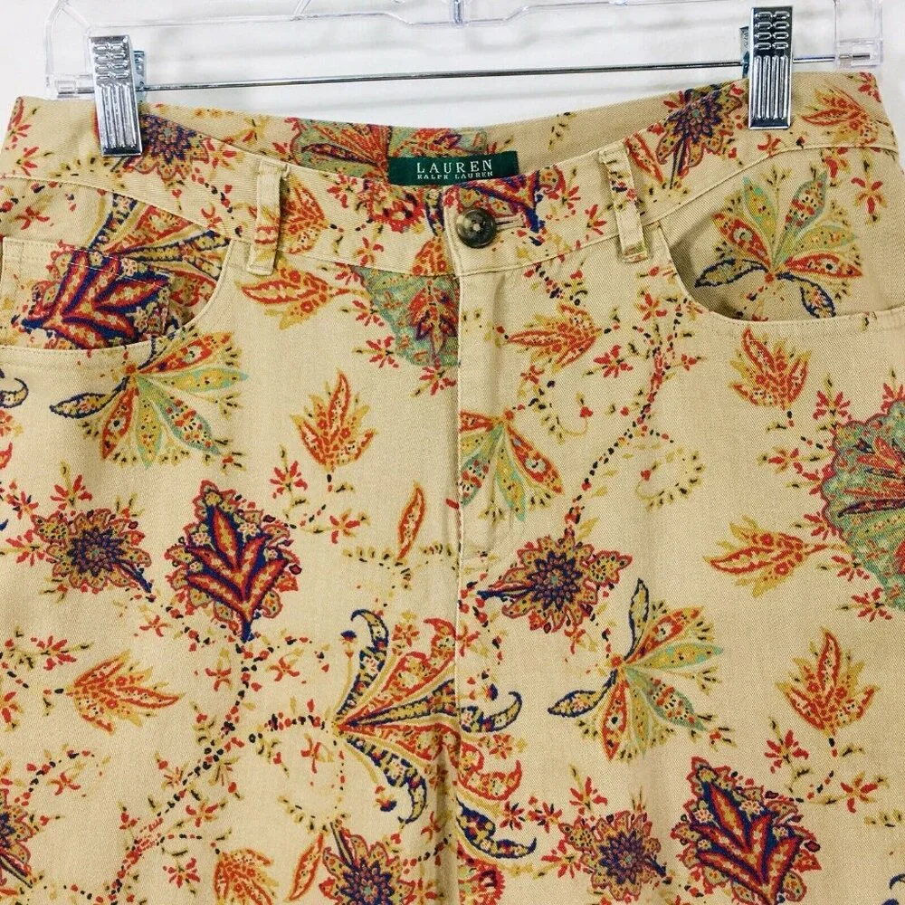 Lauren Ralph Lauren Vtg Cotton Stretch Jeans Sz 6 Beige Paisley Print 5 Pocket